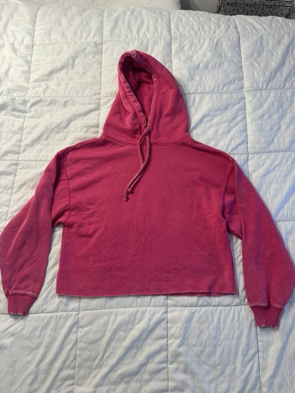 Zenana Women's Hoodie Small Pink Cropped Acid Wash Fleece Drawstring Casual Cozy